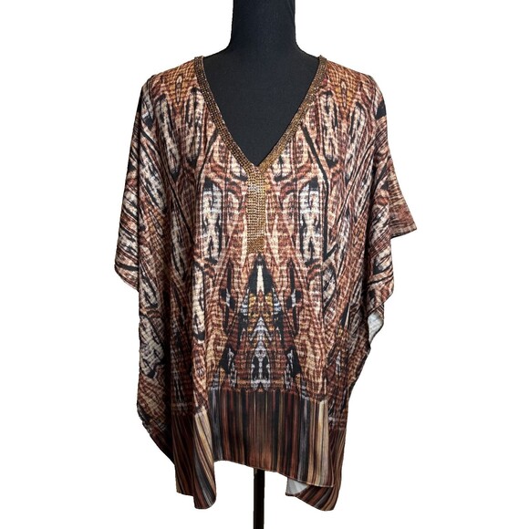 Chico's Brown Geometric Southwest with Beaded Neckline Poncho Top Women's Size S - Picture 1 of 14